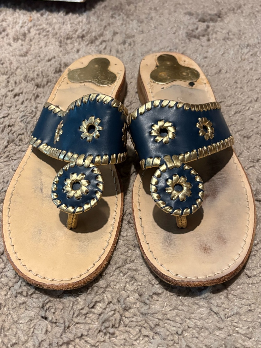 Jack Rogers Navy Leather Thong Sandals with Gold Accents